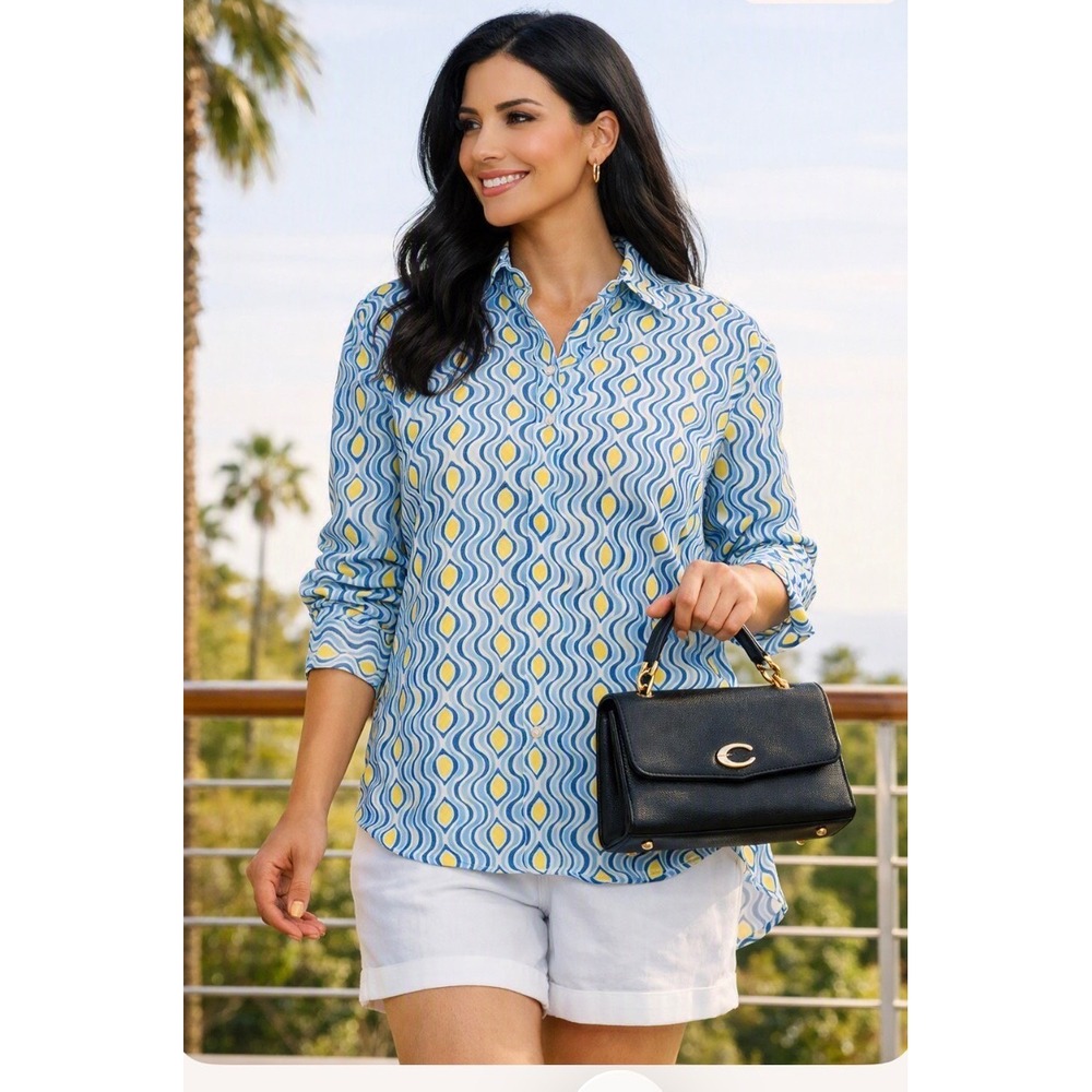 J.McLaughlin Women Blue Yellow Geometric oversized 100% Linen Tunic Top M #139